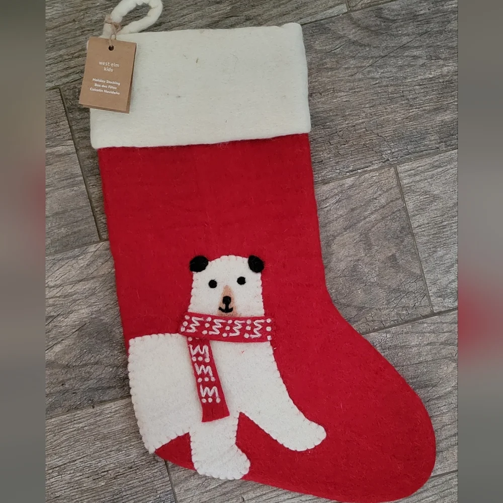 Handcrafted 100% Felted Wool POLAR BEAR Christmas Stockings Nepal West Elm Red